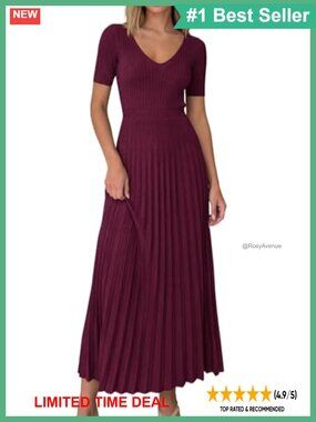 Women's Summer Midi Pleated Sweater Dress V-Neck Short Sleeve Knit